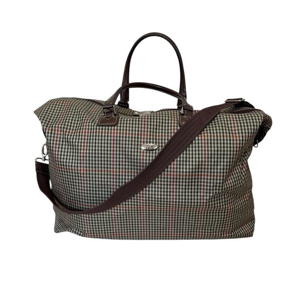Diane von Furstenberg Large Plaid Weekender Tote Bag 20" Brown Green Red - Picture 1 of 13